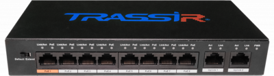 TR-NS1010-96-8PoE TRASSIR Неуправляемый PoE-коммутатор, 8 портов PoE 10/100 Мбит/с (дальность питания до 250 м), 2 Uplink-порта 10/100/1000 Мбит/с